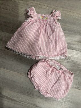 Little Me Pink & White Striped matching set with floral embroidery